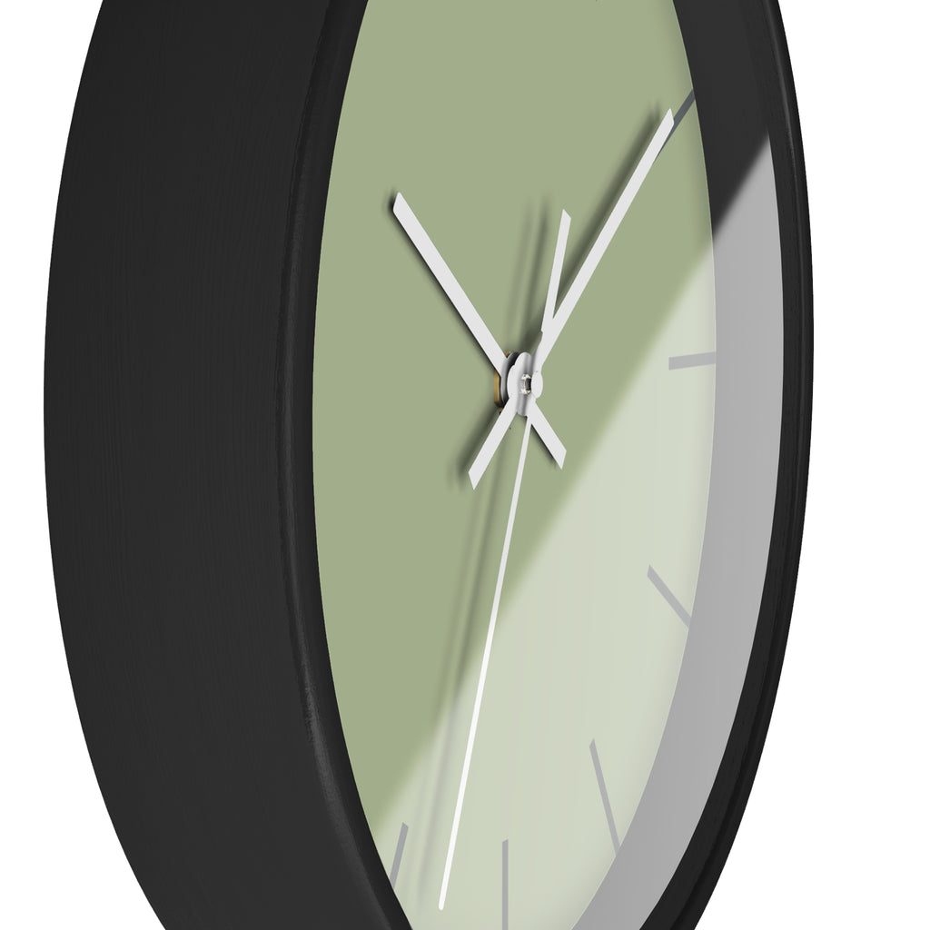 Black Wooden Frame White Hand Schist Green Sage Modern Minimal Wall Clock With Dark Grey Time Markers Side