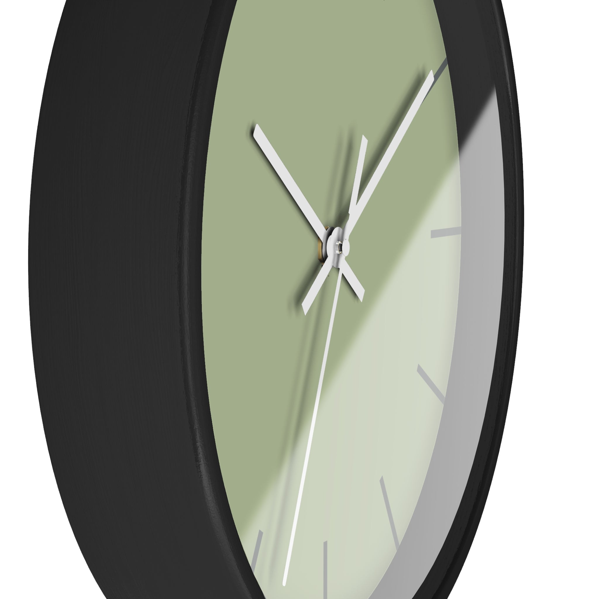 Black Wooden Frame White Hand Schist Green Sage Modern Minimal Wall Clock With Dark Grey Time Markers Side