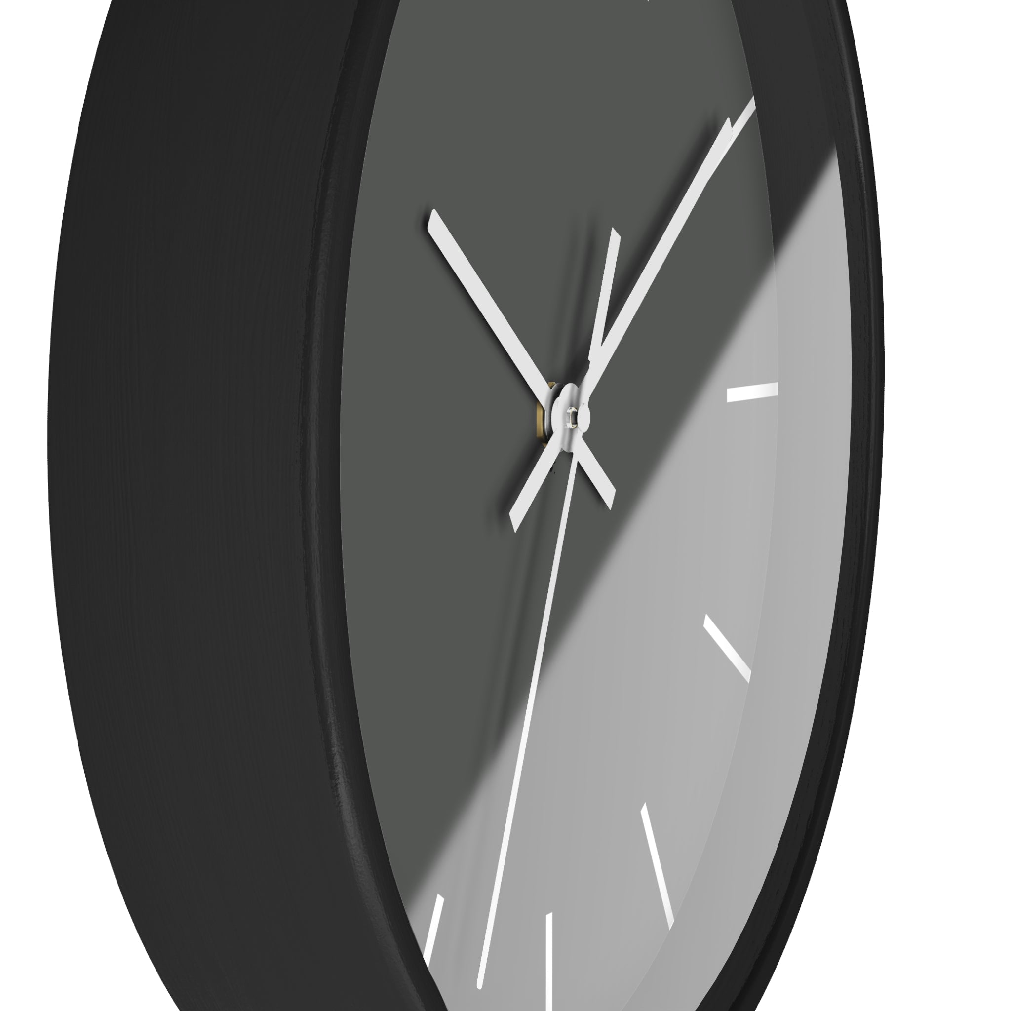 Black Wooden Base White Hand Atomic Grey Modern Minimalist Silent Wall Clock With White Time Markers Side