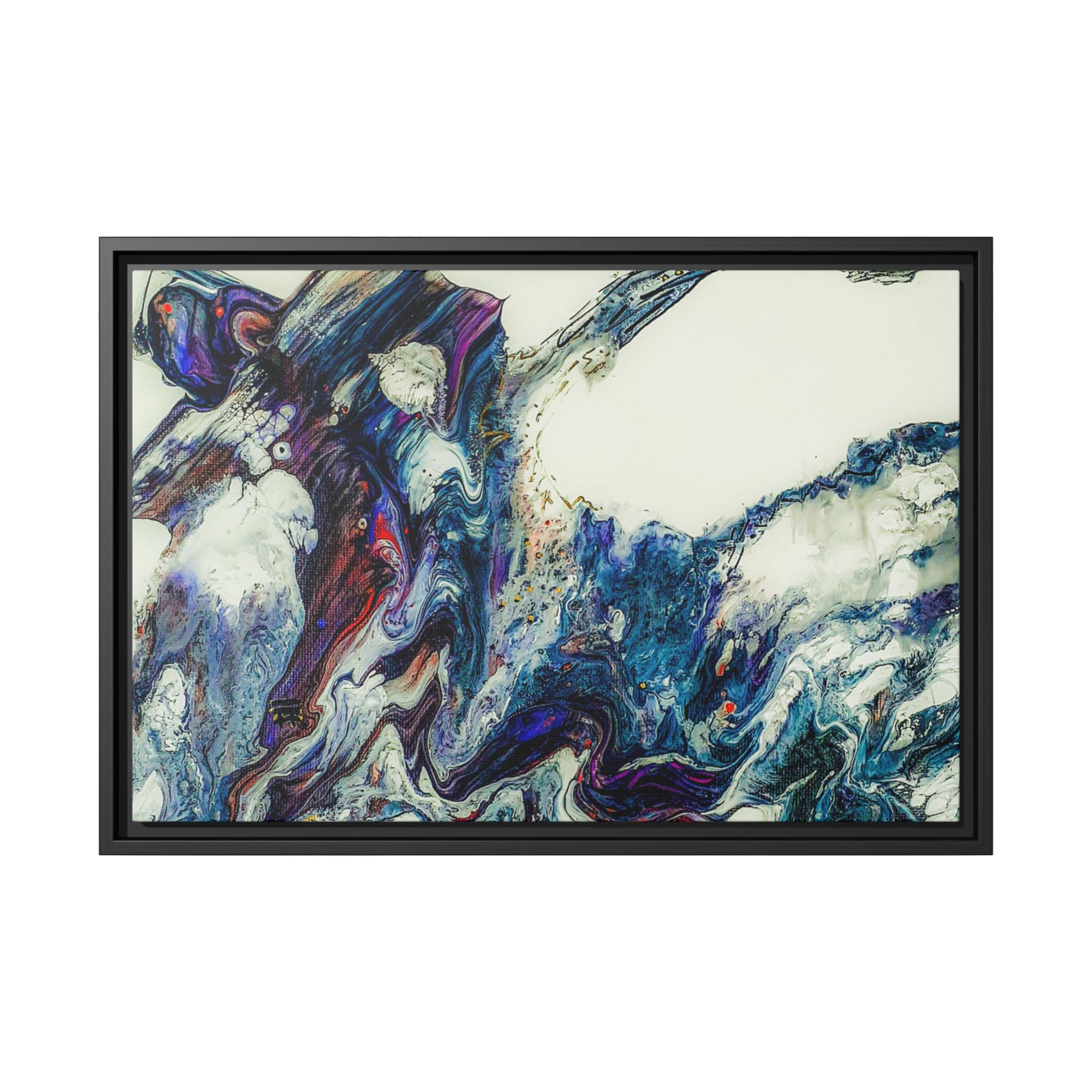 24″ x 16″ "Afrostar" Freebrd Black frame with abstract art on 1.25" inch thick canvas showing swirling colors on a white background