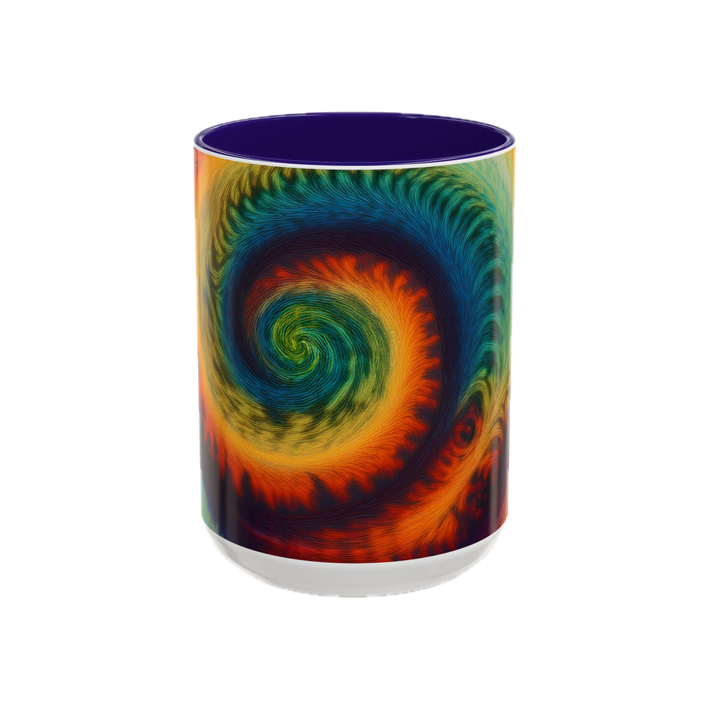 Colorful spiral-patterned mug with blue ceramic handle and insides

