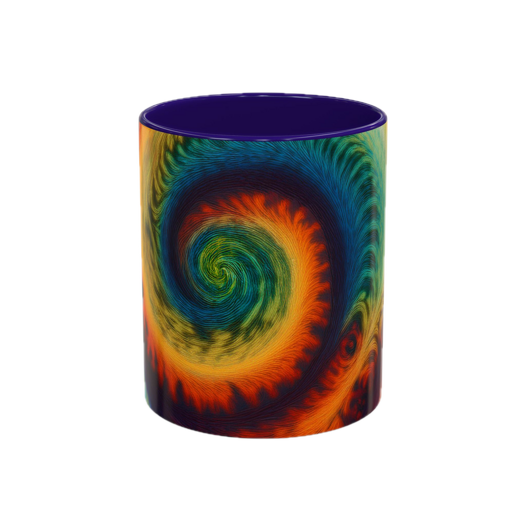 Colorful spiral-patterned mug with blue ceramic handle and insides

