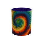 Colorful spiral-patterned mug with blue ceramic handle and insides

