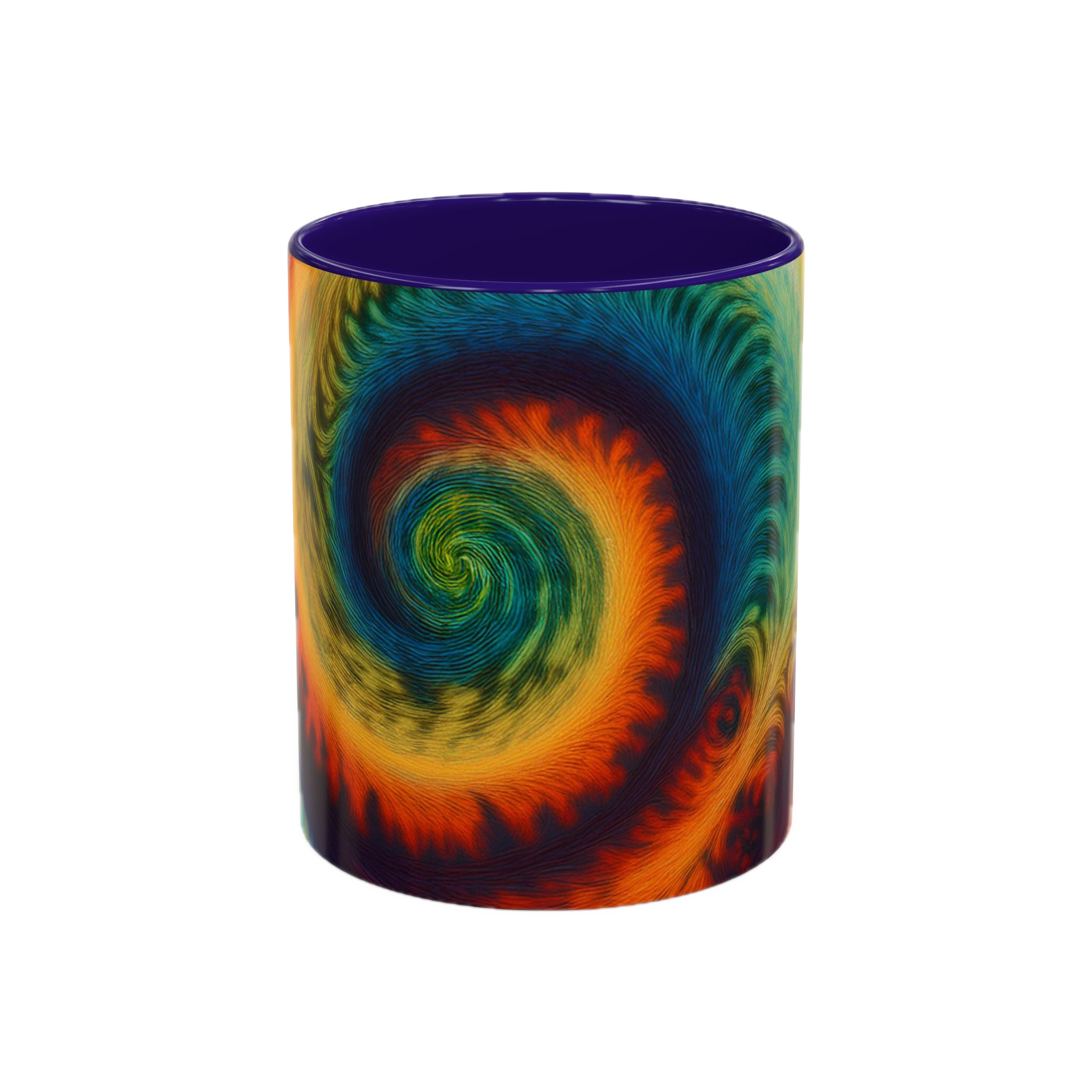 Colorful spiral-patterned mug with blue ceramic handle and insides

