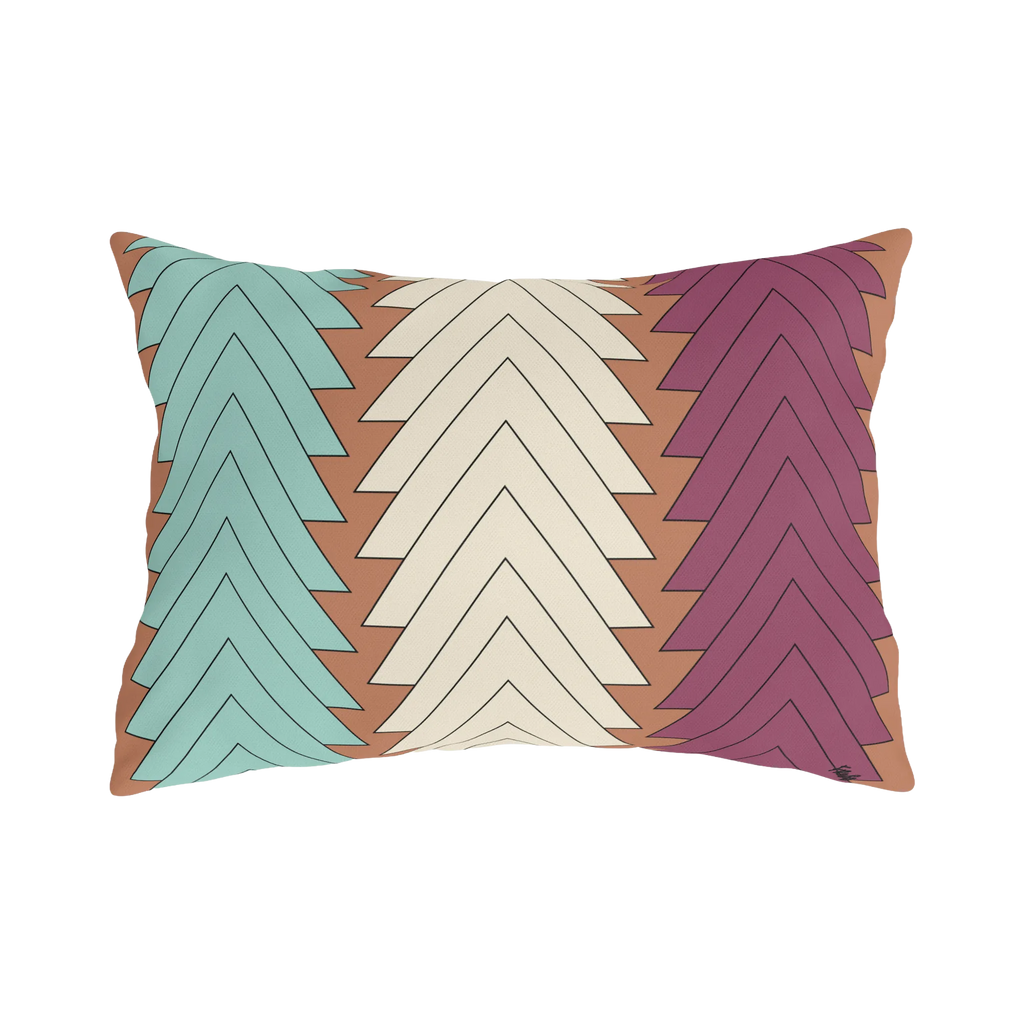 Boho chevron outdoor lumbar pillow, teal cream magenta on terracotta ground, back view.