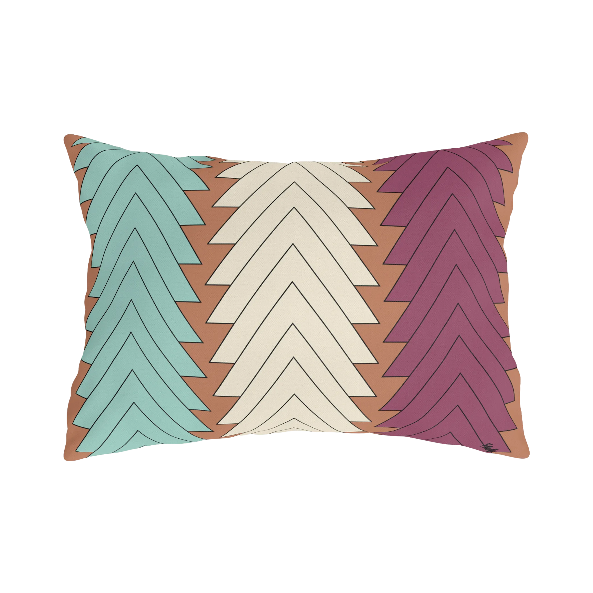 Boho chevron outdoor lumbar pillow, teal cream magenta on terracotta ground, back view.