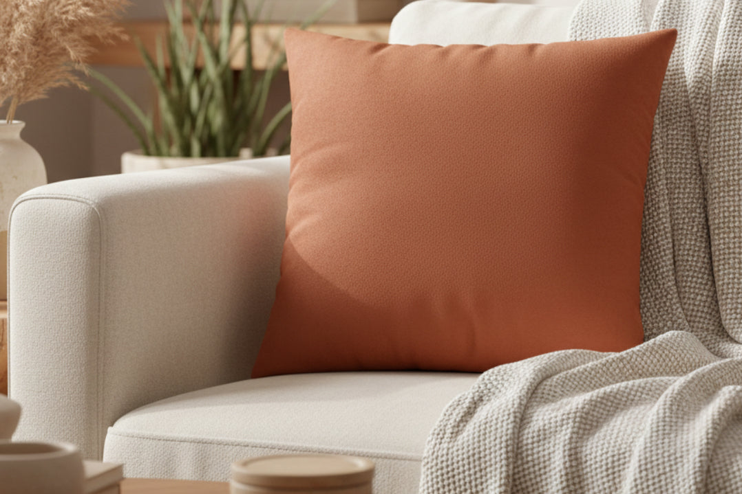 Boho Rust Faux Suede Luxury Square Pillow on a beige sofa with a neutral background