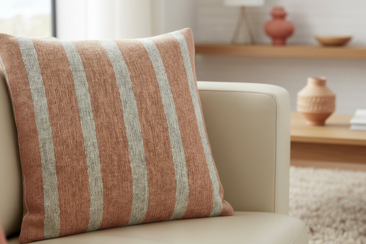 Boho Salmon Red Ivory Pinstripe Woven Pillow on a beige sofa with a blurred background