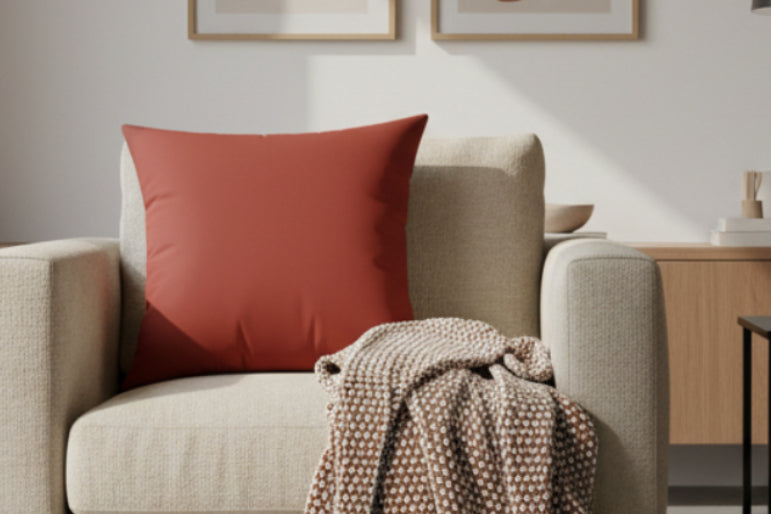 Brownish Red Faux Suede Square Pillow on a sofa chair with a blanket. 