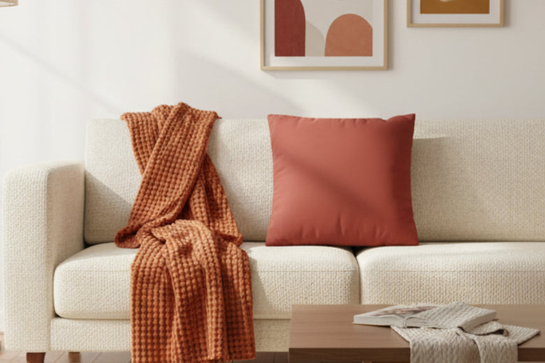 Beige sofa with a red throw blanket and Brownish Red Luxury Faux Suede Pillow, wooden coffee table, and abstract art on the wall.