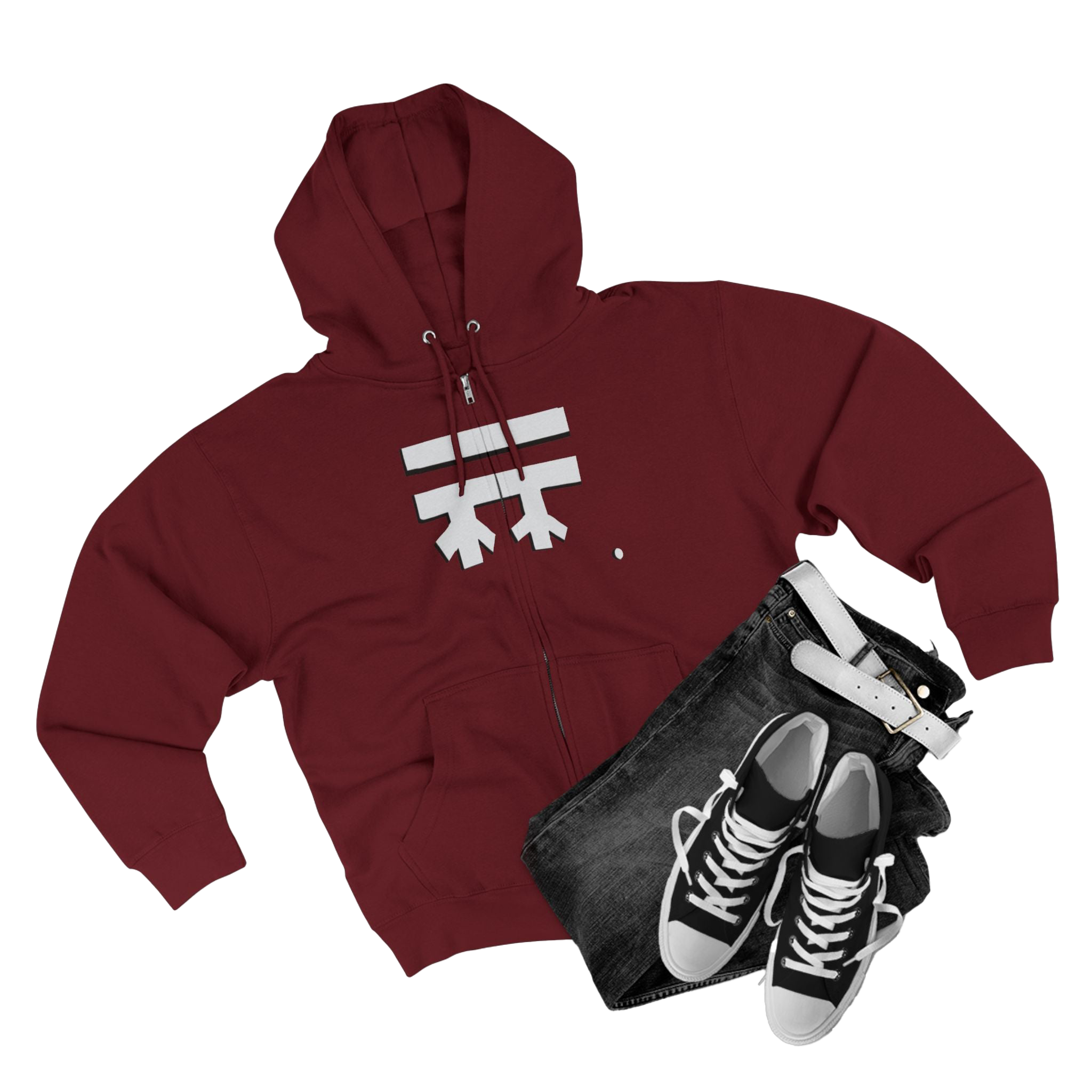 Burgundy Full-Zip Casual Street wear Hoodie with white Freebrd Logo including adjustable drawstring hood and kangaroo pocket. Merch does not include pants and shoes seen in photo
 