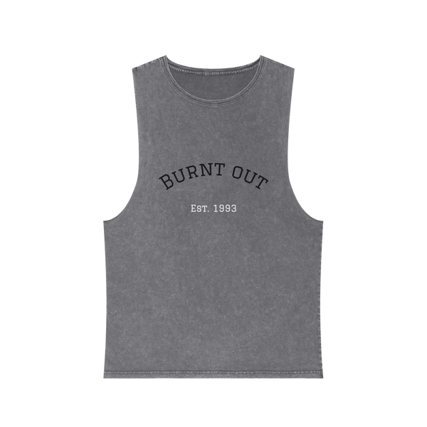 Gray Stone sleeveless shirt with 'Burnt Out Est. 1993' text on a vintage retro tank top.