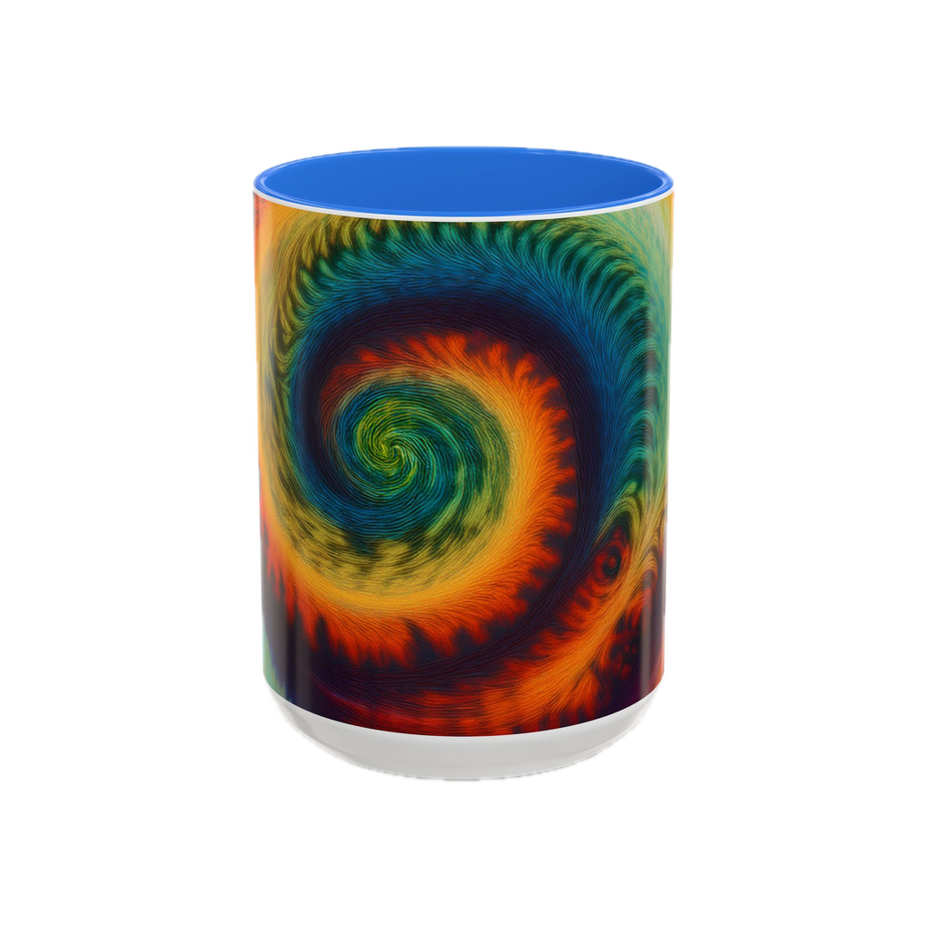 Colorful spiral-patterned mug with Cambridge blue ceramic handle and insides
