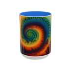 Colorful spiral-patterned mug with Cambridge blue ceramic handle and insides
