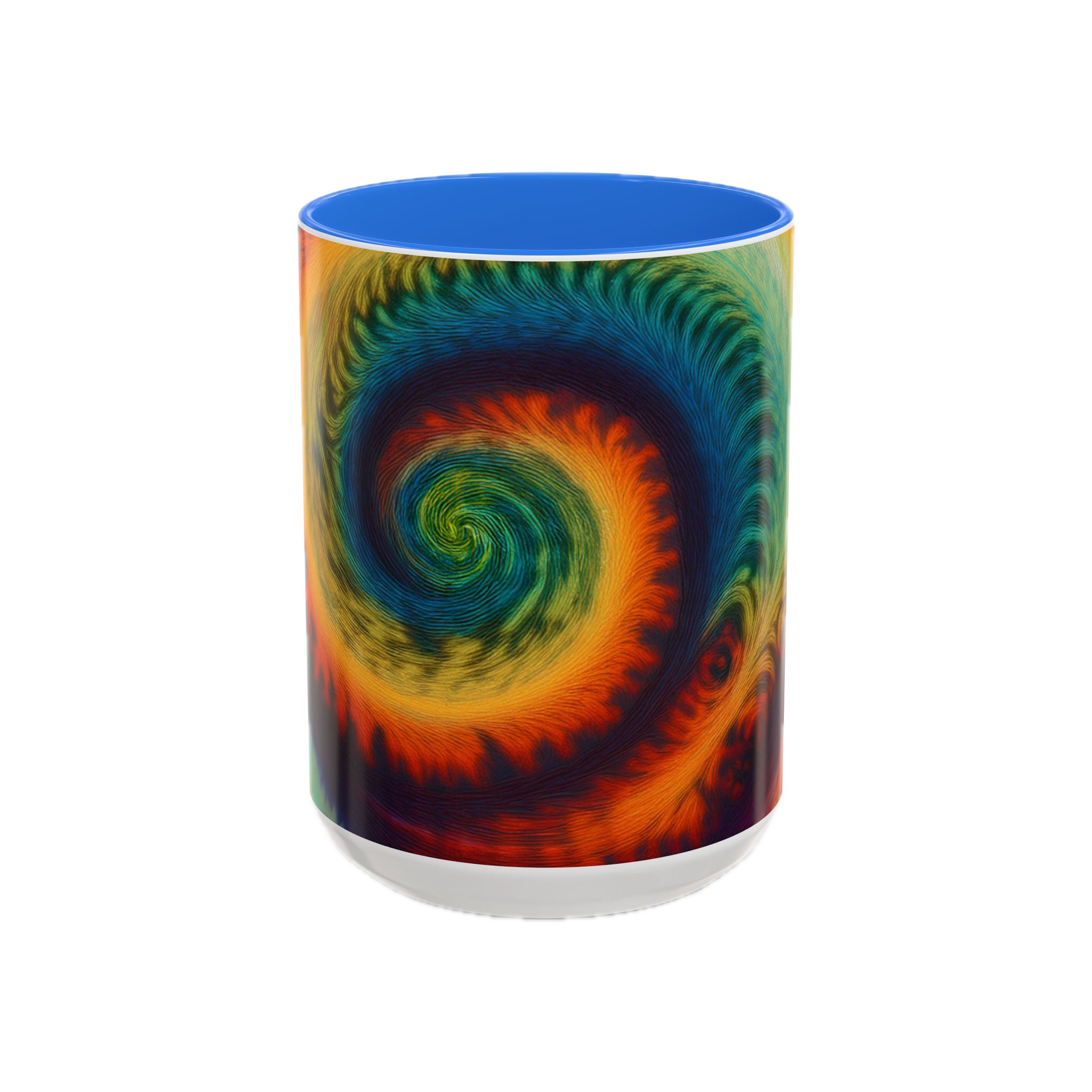 Colorful spiral-patterned mug with Cambridge blue ceramic handle and insides
