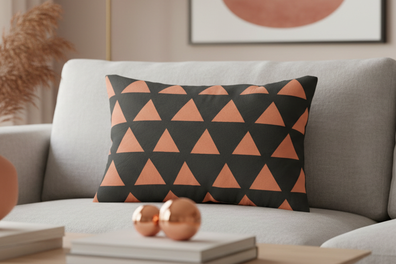 Carbon Fiber Boho Rust Geometric Triangle Lumbar Pillow on a gray sofa in a living room setting.