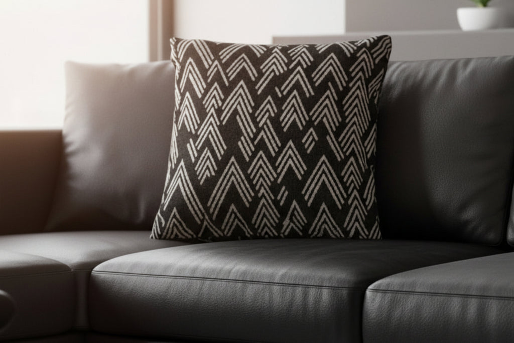 Black sofa with a Carbon Fiber Ikat Modern Boho Woven Pillow  