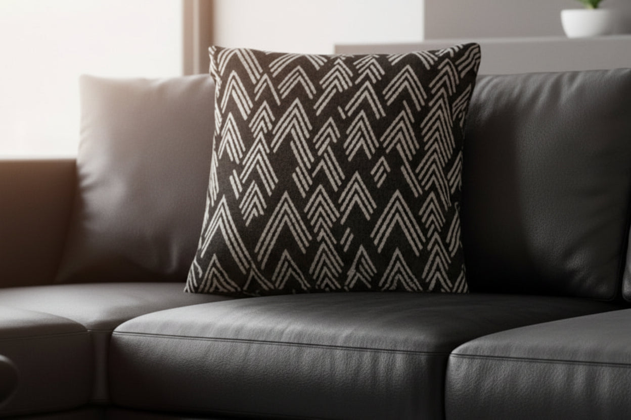Black sofa with a Carbon Fiber Ikat Modern Boho Woven Pillow  
