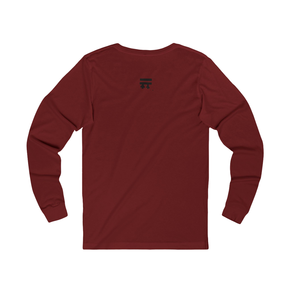 Back view of Cardinal red long-sleeve shirt with black Freebrd logo top center on a Bella Canvas Unisex Jersey Long Sleeve Tee

