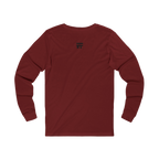 Back view of Cardinal red long-sleeve shirt with black Freebrd logo top center on a Bella Canvas Unisex Jersey Long Sleeve Tee
