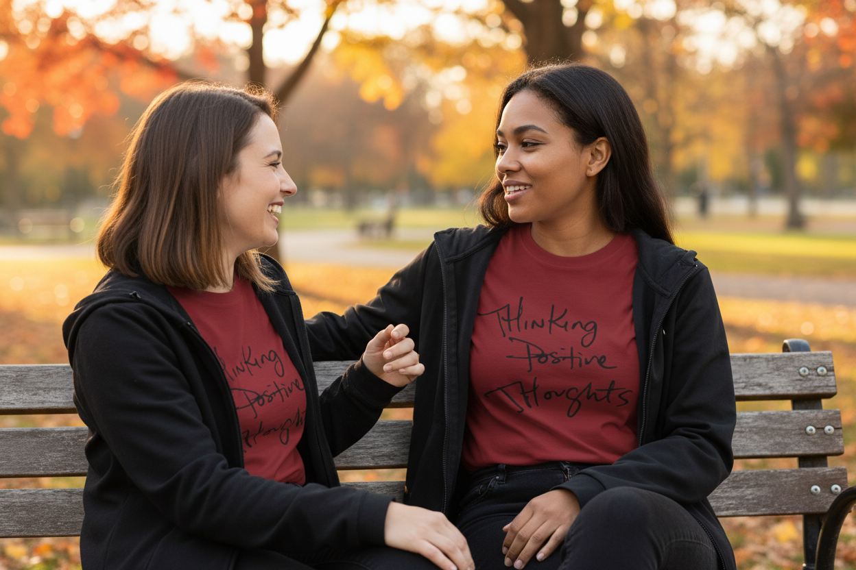 Two women sitting on a bench in a park, wearing matching cardinal Freebrd "thinking positive thoughts" shirts.