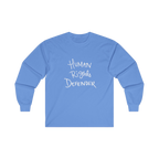 Carolina Blue long-sleeve shirt with 'Human Rights Defender' in white text 

