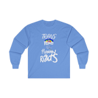Carolina Blue long-sleeve shirt with 'Trans Rights Are Human Rights' in white text and rainbow design 

