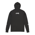 Charcoal Black TriBlend Hooded Active Street wear with Freebrd "space flight" graphic on left sleeve, and white Freebrd logo on right sleeve along with "#freebrd" in white letters center back of apparel
