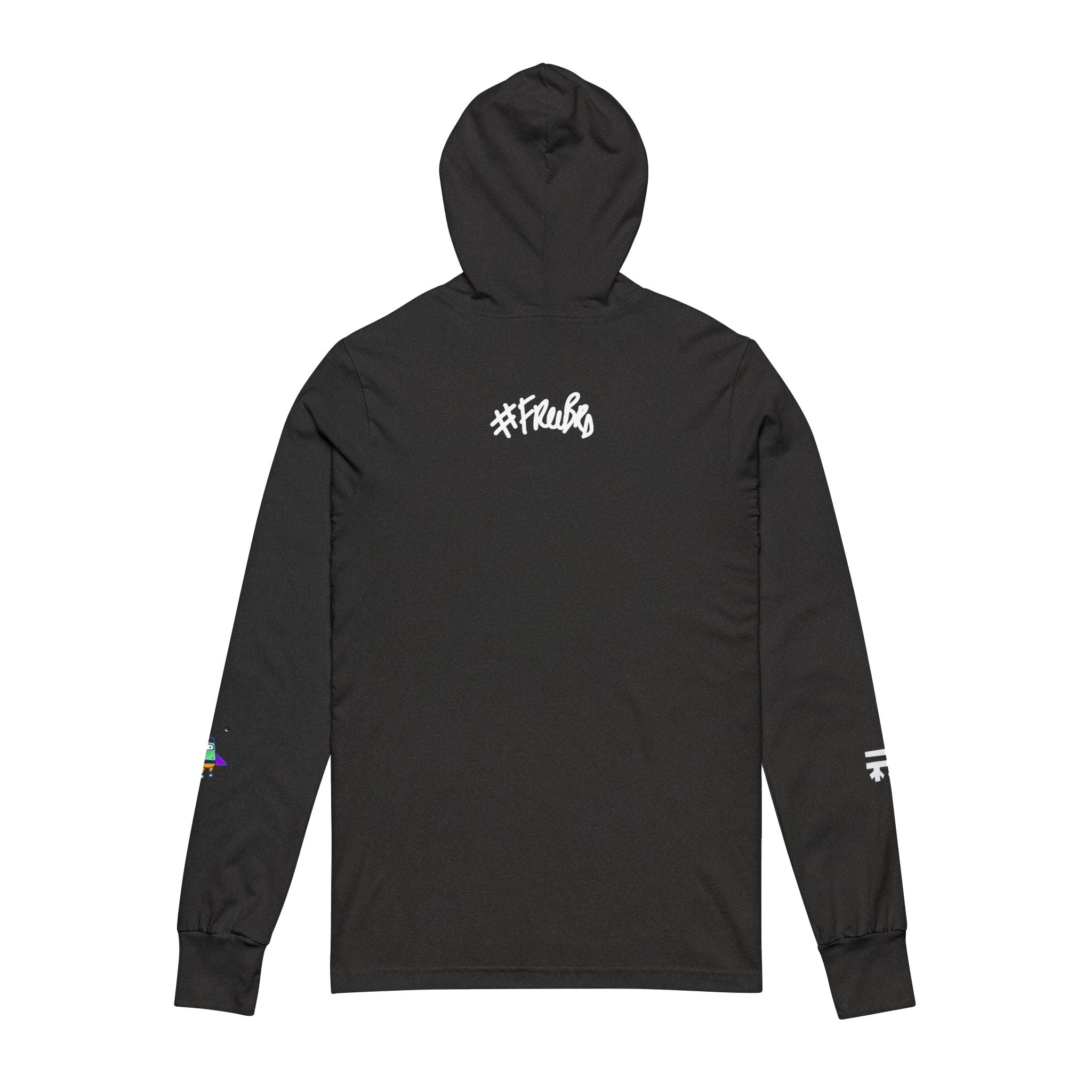 Charcoal Black TriBlend Hooded Active Street wear with Freebrd "space flight" graphic on left sleeve, and white Freebrd logo on right sleeve along with "#freebrd" in white letters center back of apparel
