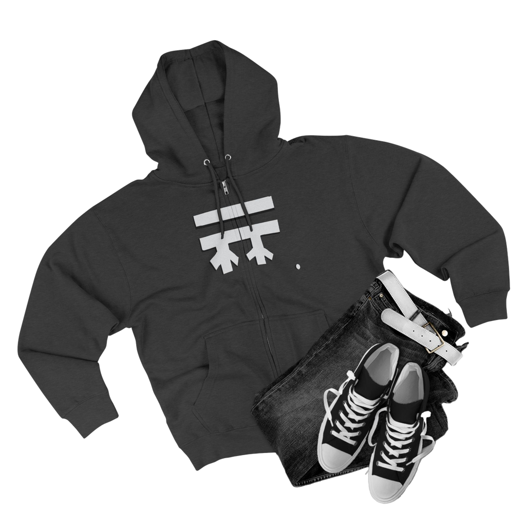 Charcoal Heather Full-Zip Casual Street wear Hoodie with white, black shadow Freebrd Logo including adjustable drawstring hood and kangaroo pocket. Merch does not include pants and shoes seen in photo

