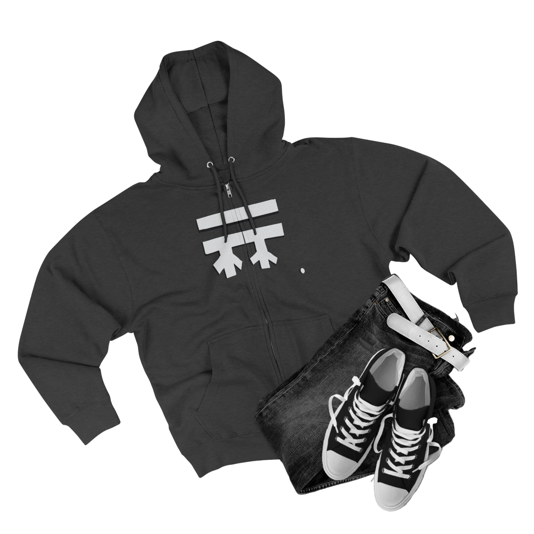 Charcoal Heather Full-Zip Casual Street wear Hoodie with white, black shadow Freebrd Logo including adjustable drawstring hood and kangaroo pocket. Merch does not include pants and shoes seen in photo
