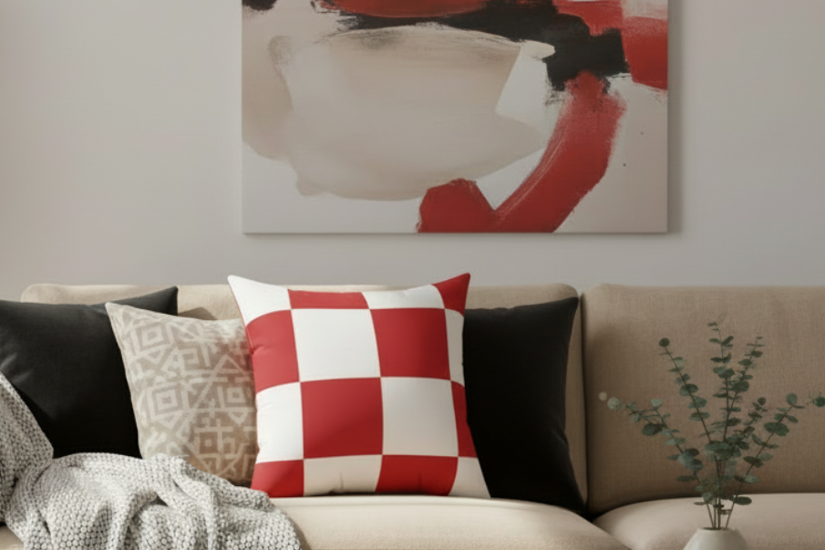 High-contrast red and white checkerboard faux suede pillow with a velvety matte finish, styled as a modern retro accent on a minimalist sofa.
