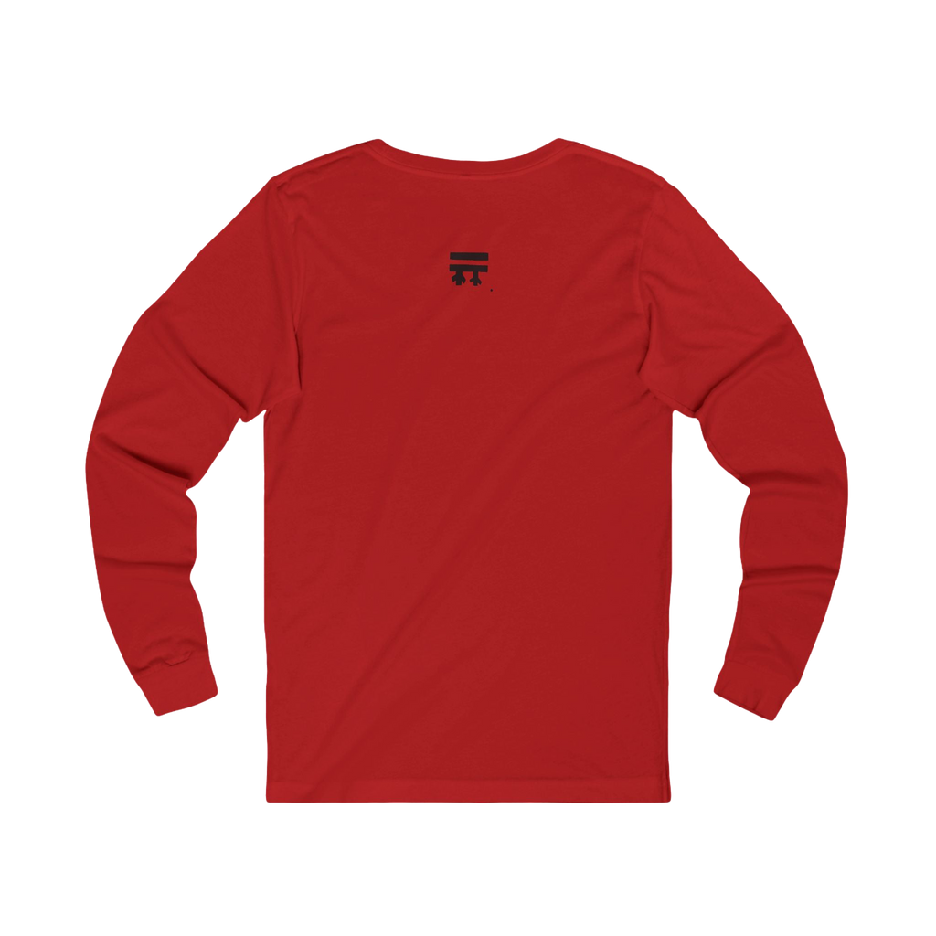 Back view of cherry red long-sleeve shirt with black Freebrd logo top center on a Bella Canvas Unisex Jersey Long Sleeve Tee