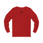 Back view of cherry red long-sleeve shirt with black Freebrd logo top center on a Bella Canvas Unisex Jersey Long Sleeve Tee