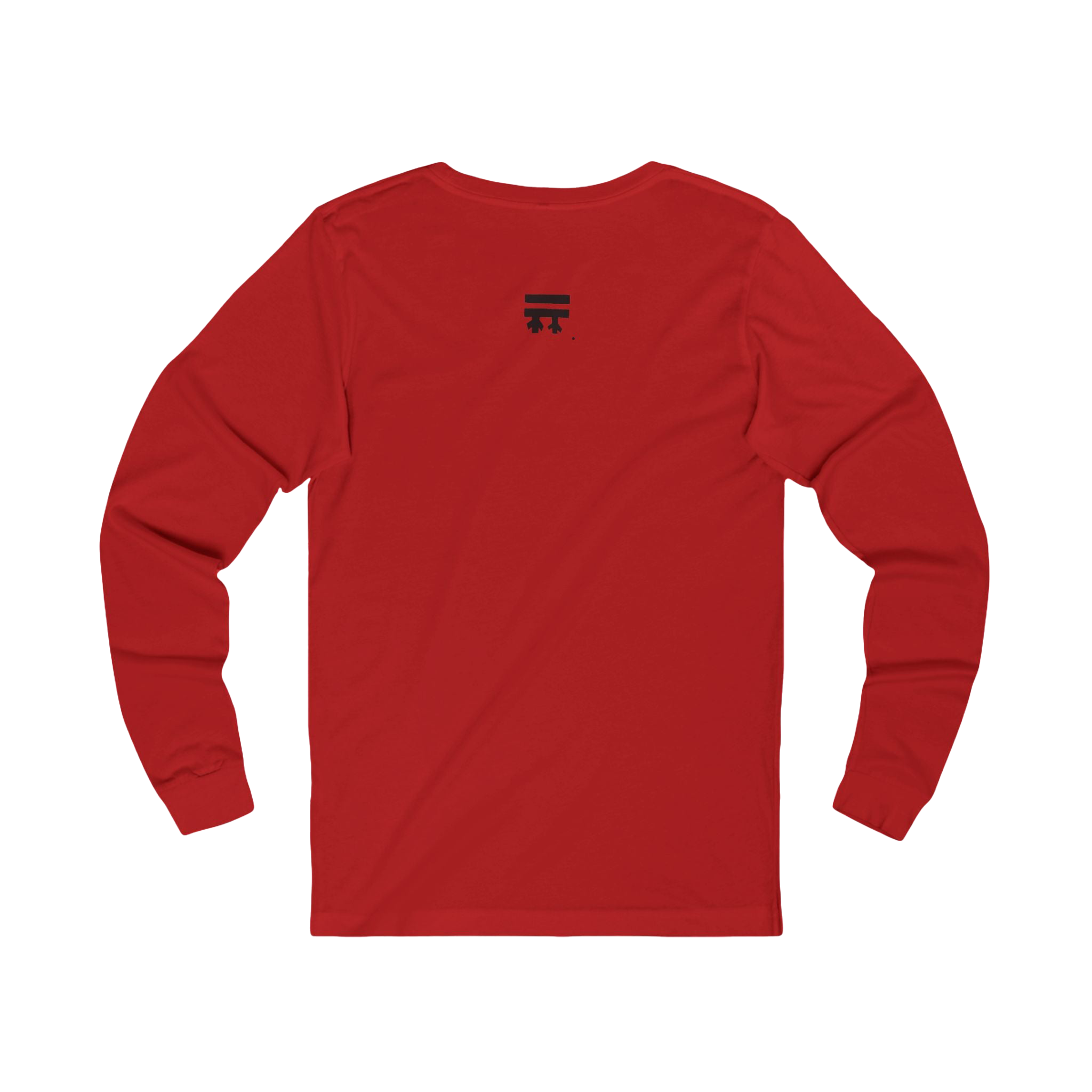 Back view of cherry red long-sleeve shirt with black Freebrd logo top center on a Bella Canvas Unisex Jersey Long Sleeve Tee