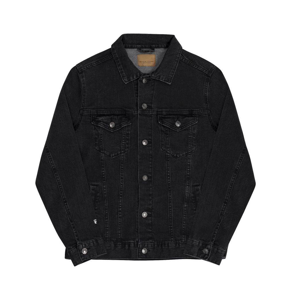 Classic black denim Trucker Jacket Activewear, this piece features the signature Freebrd embroidered logo, small on right sleeve and functional chest pockets