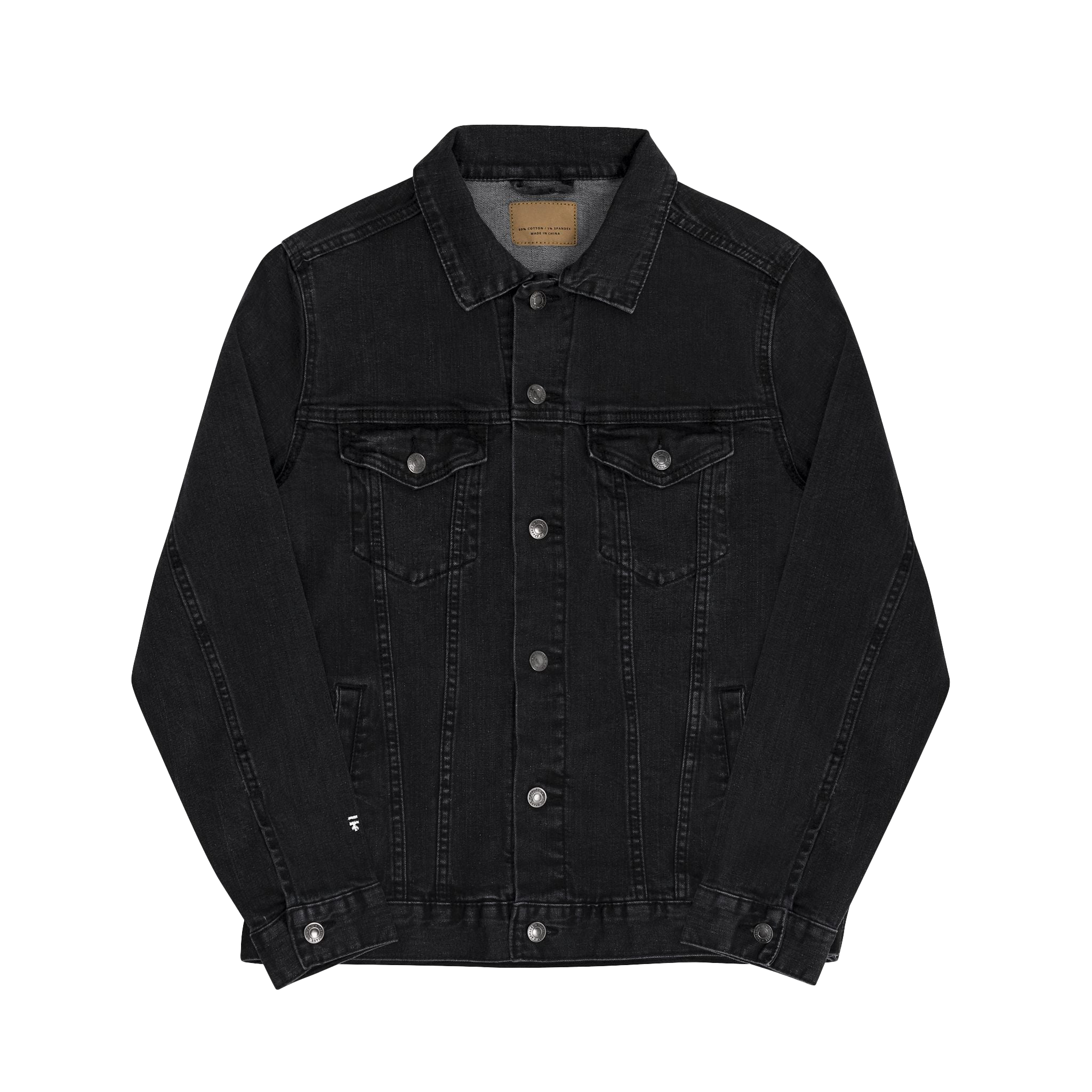 Classic black denim Trucker Jacket Activewear, this piece features the signature Freebrd embroidered logo, small on right sleeve and functional chest pockets