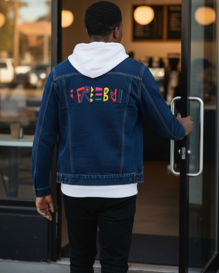 Person wearing a blue  denim jacket with Freebrd embroidered text on the back, entering a building.