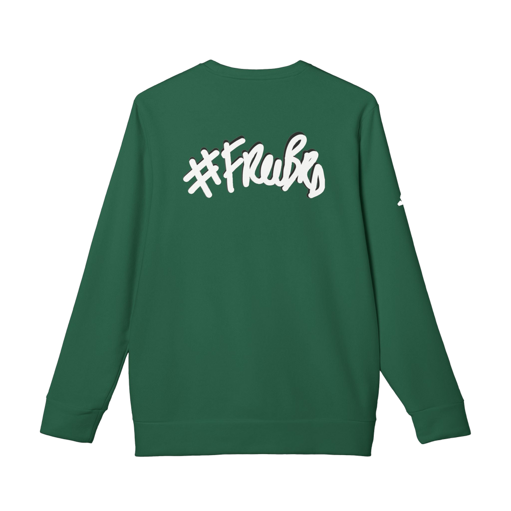 Collegiate Green Custom Adidas sweatshirt with a white "#Freebrd" black shadowed text centered top on back of sweatshirt with white Adidas logo on right sleeve
