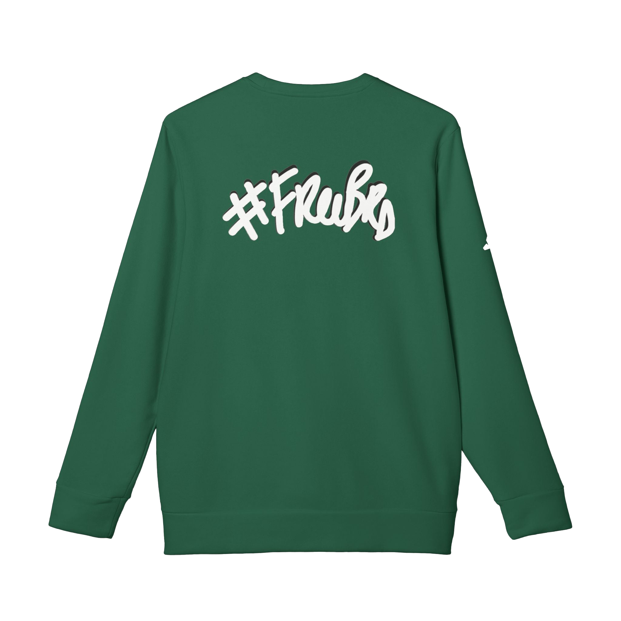 Collegiate Green Custom Adidas sweatshirt with a white "#Freebrd" black shadowed text centered top on back of sweatshirt with white Adidas logo on right sleeve
