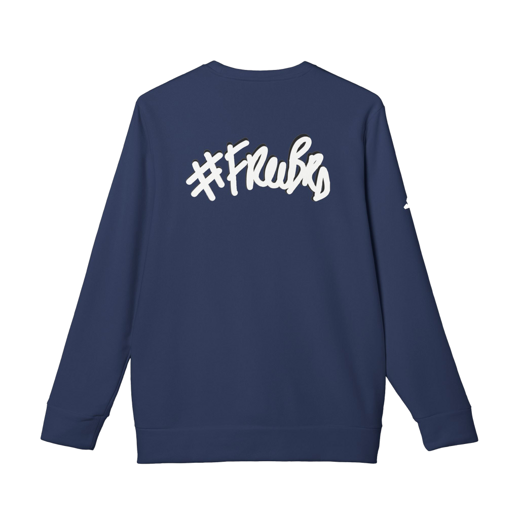 Collegiate Navy Blue Custom Adidas sweatshirt with a white "#Freebrd" black shadowed text centered top on back of sweatshirt with white Adidas logo on right sleeve