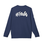 Collegiate Navy Blue Custom Adidas sweatshirt with a white "#Freebrd" black shadowed text centered top on back of sweatshirt with white Adidas logo on right sleeve