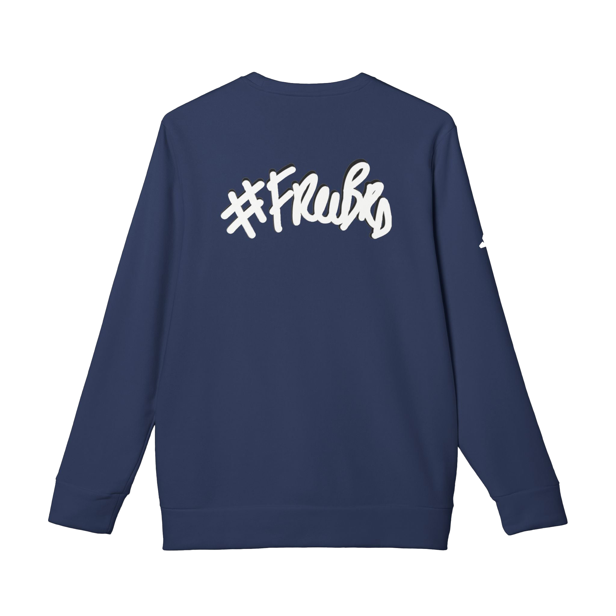 Collegiate Navy Blue Custom Adidas sweatshirt with a white "#Freebrd" black shadowed text centered top on back of sweatshirt with white Adidas logo on right sleeve