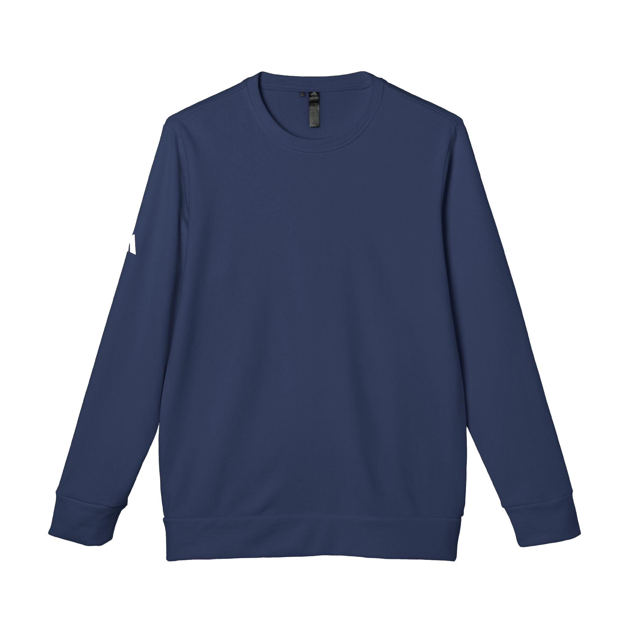 Collegiate Navy Blue Adidas sweatshirt with white Adidas logo on right sleeve