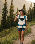 Woman hiking on a trail wearing a Freebrd Cream Classic tee with mountains and trees in the background