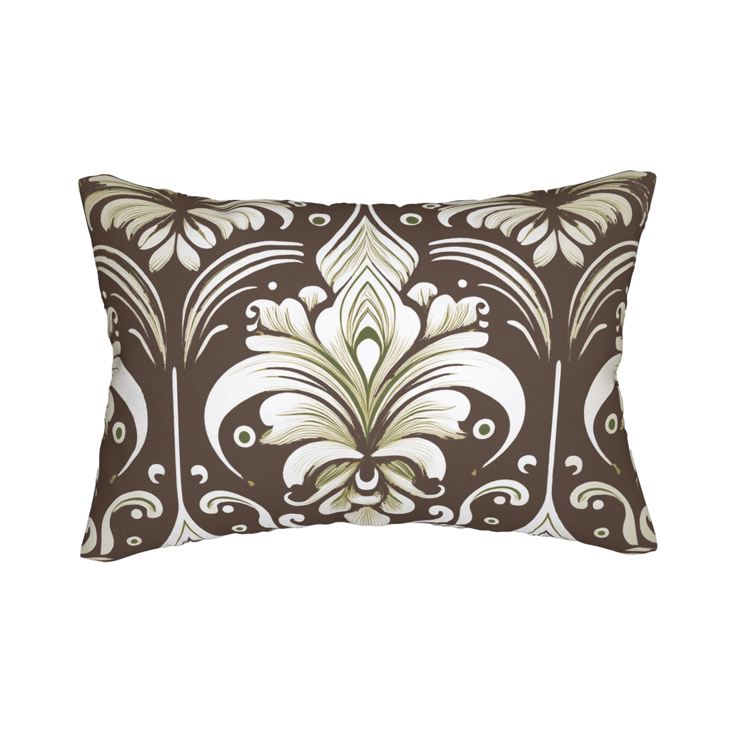 Country Brown Sage Painted Damask Floral Lumbar Pillow Front