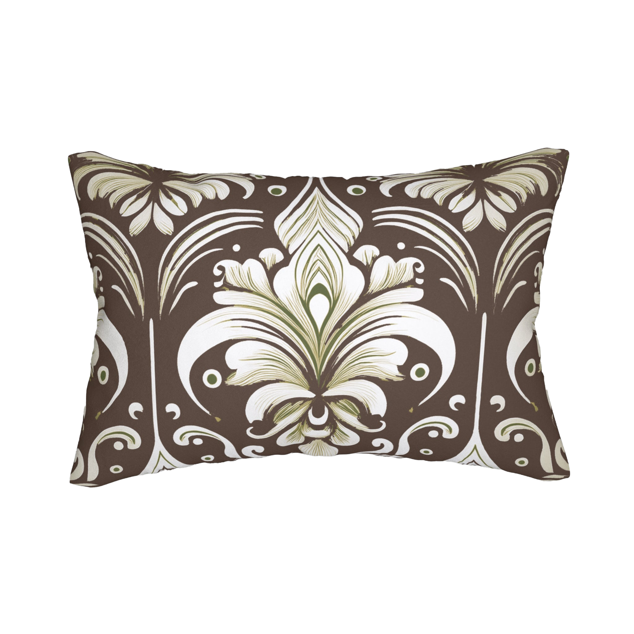 Country Brown Sage Painted Damask Floral Lumbar Pillow Front