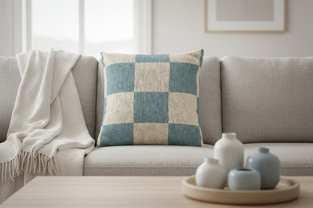 Danish Blue & Cream Woven Check Pillow on a beige couch 