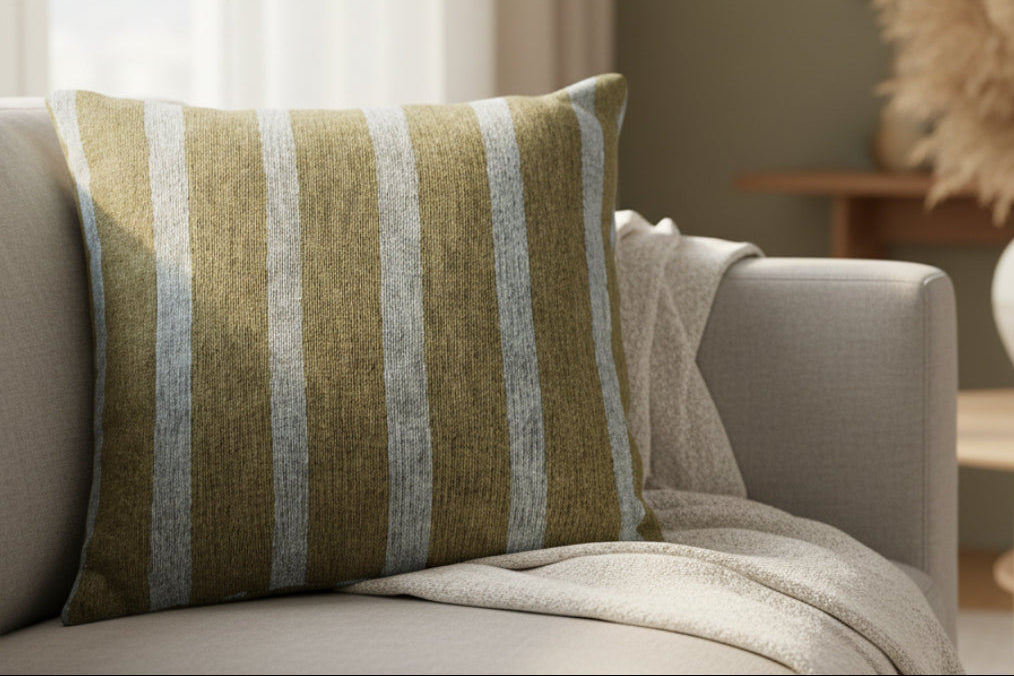 Danish Blue Dark Neutral Wood Striped Woven Pillow on a sofa in a living room setting with decor elements.