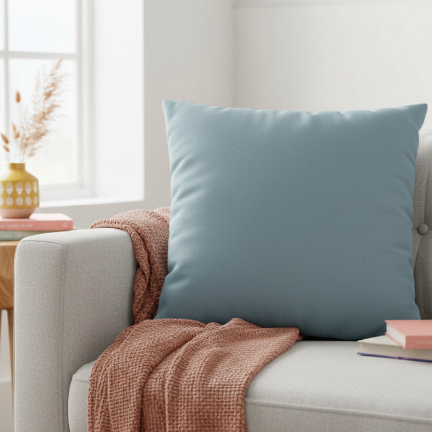 Danish Blue Faux Suede pillow on a gray sofa with a pink blanket and books in a bright room.